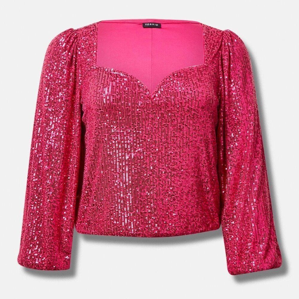 Torrid Women's 1X Hot Pink Sequin Sweetheart Neckline Long Sleeve Top